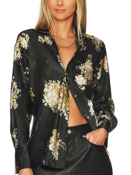100% Шелковая Женская рубашка с длинным рукавом, Топы 2023, Весна-лето, Женская однобортная блузка с отложным воротником и винтажным принтом