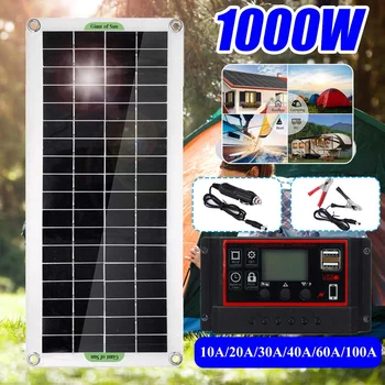 1000 Вт Солнечная панель 12 В солнечный элемент 10A-100A контроллер Солнечная панель для телефона RV Автомобильное зарядное устройство для MP3-плеера Наружный аккумулятор