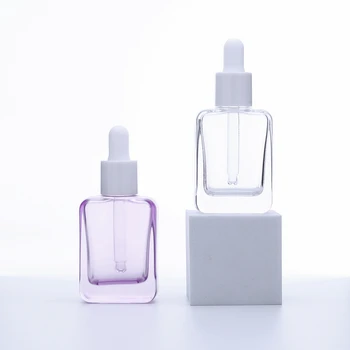 100шт 30 мл Прозрачная Фиолетовая Квадратная Прямоугольная стеклянная бутылка-капельница для эфирного масла С крышкой-капельницей
