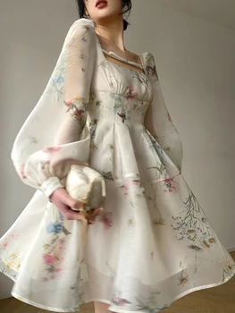 2023 Летнее Корейское модное мини-платье Y2k, Женское Пляжное Шифоновое Элегантное Цветочное сарафанное платье, Повседневное Винтажное платье для Офиса Леди