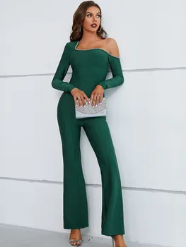 2023 Новые дизайнерские Модные зеленые комбинезоны с эластичным бинтом для женщин, Асимметричный вырез, Расклешенные брюки с длинным рукавом, Комбинезон для Хай-стрит