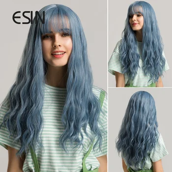 ESIN Синтетические волосы Зеленый Синий Длинные натуральные Волнистые Парики с челкой для женщин, Парик для Косплея, термостойкий