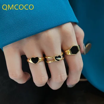 QMCOCO Модные кольца серебристого цвета Для женщин, Винтажный Элегантный креативный дизайн в стиле панк, Черные Украшения в форме сердца для влюбленных, ювелирный подарок