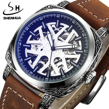 Автоматические механические современные ретро-часы SHENHUA Mix в стиле Blue Face светло-Серебристый Скелет Деловые Подлинные повседневные наручные часы для мужчин