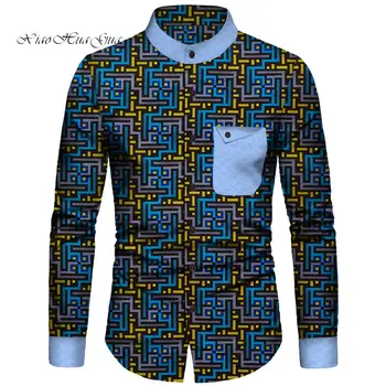 Африканская Мужская Одежда, Повседневная Рубашка с Принтом Bazin Riche, Мужские Топы с длинными рукавами, Рубашка в стиле Дашики, Анкара, Одежда Больших Размеров, WYN888
