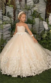 Белое Пышное платье с кружевной аппликацией из тюля с цветочным узором для девочек, Элегантное платье с цветочным узором на День рождения детей, платье для Причастия на заказ