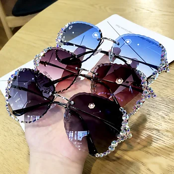 Большие круглые солнцезащитные очки со стразами Женские 2022 Винтажные оттенки Градиентные женские солнцезащитные очки Lunette De Soleil Pour Femmes 2022