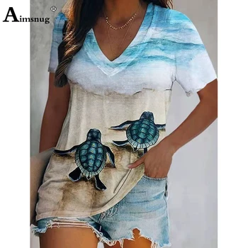 Большие размеры 4xl 5xl, женская элегантная модная футболка с коротким рукавом, винтажные топы с принтом черепахи, последняя летняя рубашка с V-образным вырезом, одежда 2022