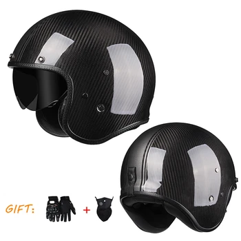 Винтажный шлем с открытым лицом из натурального углеродного волокна Cafe Racer, Мотоциклетный шлем Jet Retro 3/4, Карбоновые шлемы для мотороллеров с внутренним козырьком