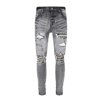 Высокие Уличные Модные мужские джинсы в стиле Ретро, серые Эластичные эластичные обтягивающие Рваные джинсы, Мужские Камуфляжные дизайнерские брюки в стиле хип-хоп с заплатками