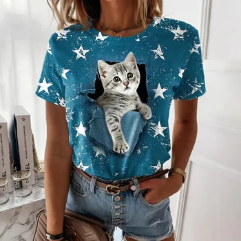 Женская футболка с изображением милого кота, Модная футболка с принтом, Короткий рукав, Летняя футболка с изображением животных, Женский топ с круглым вырезом, Повседневная одежда оверсайз