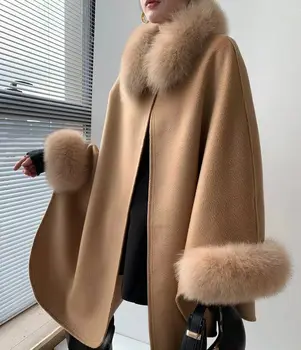 Женские модные Роскошные пальто-пончо из натурального меха 2023, Теплые пальто из смеси кашемира с воротником из натурального лисьего меха