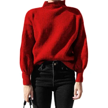 Зимний вязаный свитер с рукавом-фонариком, пуловер, женский свободный красный свитер с круглым вырезом, женский осенний повседневный свитер, джемпер, женский