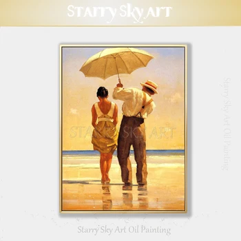 Квалифицированный художник Вручную раскрасил высококачественный импрессионистский пейзаж Мужчина и женщина на пляже, картина маслом в стиле Поп-арт