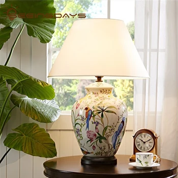 Керамическая настольная лампа с коралловым цветком и птицей, Ручная роспись, керамическая настольная лампа, потрескавшаяся глазурь, настольная лампа для гостиной