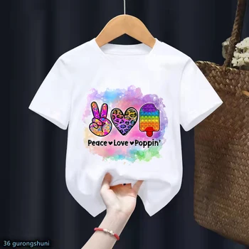 Крутая Леопардовая футболка Peace Love Poppin с графическим принтом для девочек/мальчиков, Детская одежда с единорогом Pop It Kawaii, Детская одежда