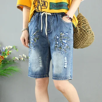 Летние Женские джинсовые короткие брюки Feminino, винтажные мешковатые джинсы с цветочной вышивкой и высокой талией, Короткие рваные джинсовые капри, Женские джинсы