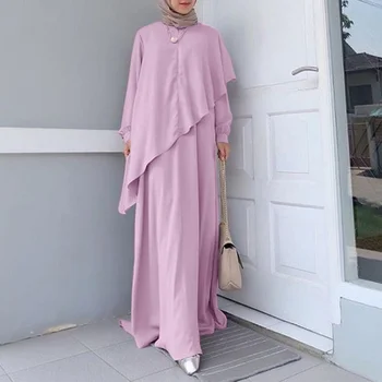 Модное и элегантное Турецкое платье, нерегулярный двухслойный дизайн, Мусульманское платье, однотонное женское платье с длинным рукавом и круглым вырезом