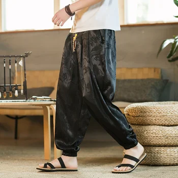 Мужские брюки из Хипстерского шелка льда и атласа с рисунком Дракона, Китайские Свободные брюки, Гладкие атласные брюки Тайцзи, Удобные пляжные брюки