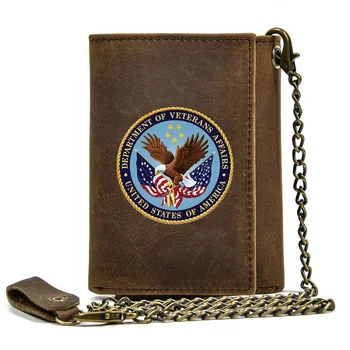 Мужской кошелек из натуральной кожи с противоугонным засовом с железной цепочкой, обложка для карт, держатель для ветеранов Соединенных Штатов, Rfid короткий кошелек
