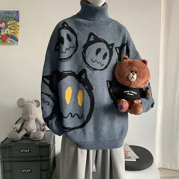 Мужской свитер с высоким воротом, шерстяная одежда с рисунком мультяшного дьявола, ленивый стиль, корейская литература и искусство, осень и зима