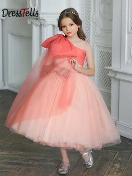Розовое платье в цветочек для девочек, Длинное Бальное платье без рукавов на одно плечо, свадебное платье для девочек, красивое платье с большим бантом