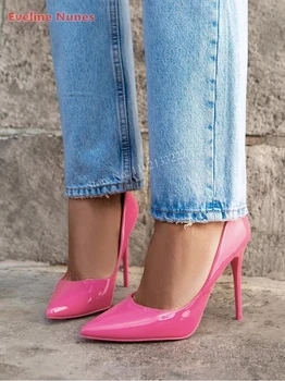 Розовые простые туфли-лодочки на шпильке для пригородных поездок, летние женские элегантные универсальные туфли без застежки из лакированной кожи с острым носком, бесплатная доставка