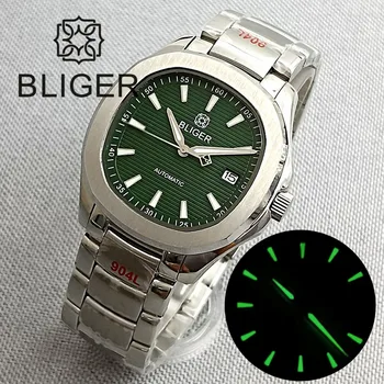 Серебряный квадратный корпус BLIGER 40 мм, Зеленый Циферблат, мужские часы NH35 Automaitc, Плоское Сапфировое стекло, Светящийся браслет Oyster, Водонепроницаемый
