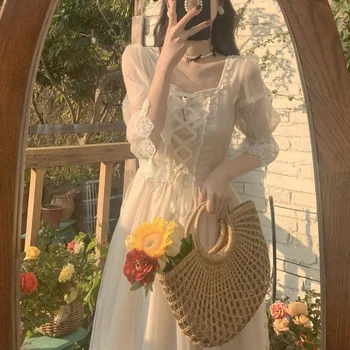 Французское винтажное платье миди, Женское Кружевное Элегантное платье Принцессы для вечеринки, женское платье Феи, Весеннее Повседневное Корейское свадебное платье в викторианском стиле 2022