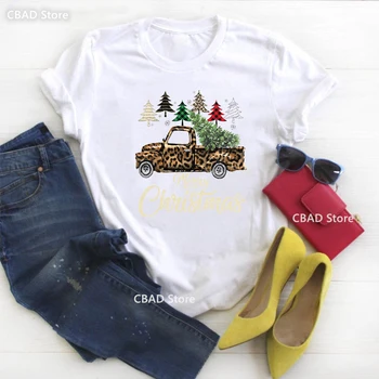 Футболка с изображением леопардовых автомобилей и деревьев, футболка с рождественским подарком для девочек, женская одежда, белая забавная футболка, женская уличная одежда
