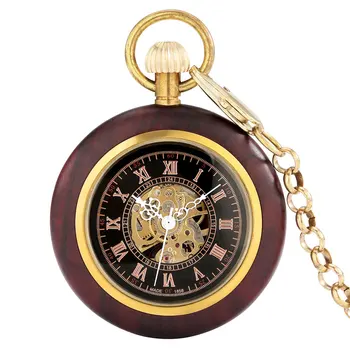 Элегантный Золотой корпус часов Из красного сандалового дерева С римскими цифрами и черным циферблатом, Механические карманные часы с автоподзаводом, Подарок-подвеска