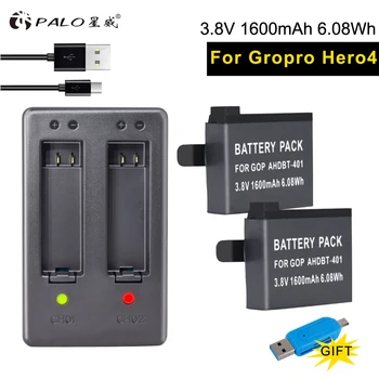 PALO Новый аккумулятор для цифровой камеры 2шт 1600 мАч AHDBT-401 + Двойное зарядное устройство Для аккумуляторов GoPro HD Hero4 4 + Аксессуары для экшн-камеры