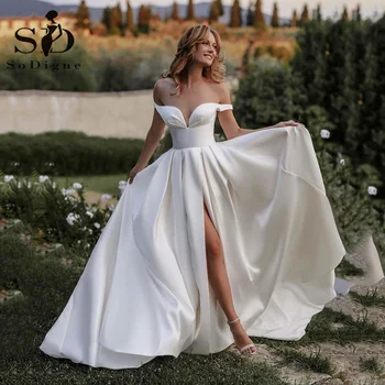 Белые свадебные платья SoDigne, Атласное Свадебное платье 2023 с открытыми плечами, vestido de noiva, платье невесты на заказ