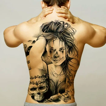 временные наклейки с татуировками, новые дизайны, череп, злая ведьма, черные водонепроницаемые временные флэш-татуировки на всю спину, грудь для мужчин и женщин
