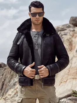 Новое Мужское Пальто из Овчины B3, Черная Кожаная Куртка, Зимняя Верхняя Одежда Из натуральной Овчины, Мотоциклетное Пальто