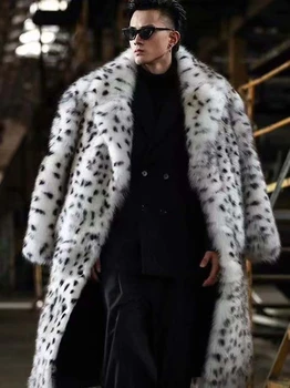 Новый зимний мужской костюм, пальто с воротником, длинная куртка из лисьего меха с леопардовым принтом, пальто, мужская индивидуальность, темперамент, верхняя одежда со снежными пятнами