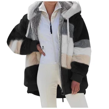 Осенне-зимнее женское пальто из искусственного меха с капюшоном, кардиган с длинными рукавами, карманы на молнии, Свободное модное повседневное пальто в полоску в стиле пэчворк куртки