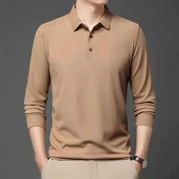 Осенняя новая мужская футболка с длинными рукавами, Рубашка-поло, однотонный воротник, Повседневная универсальная футболка в корейском стиле, Модный Топ, футболка