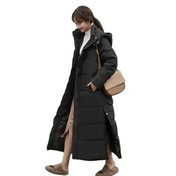 Удлиненная выше колена Хлопковая зимняя женская куртка 2021, Новая Черная универсальная парка, Плотное Теплое Пальто С капюшоном Большого Размера, Свободное Женское Пальто