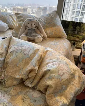 Элегантный комплект постельного белья с романтическим цветочным кроликом желтого цвета, двойная королева, милый хлопковый домашний текстиль, простыня, наволочка, пододеяльник
